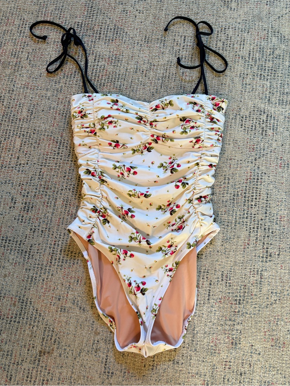 J. Crew White strawberry floral One-Piece Swimsuit with Black Tie Straps